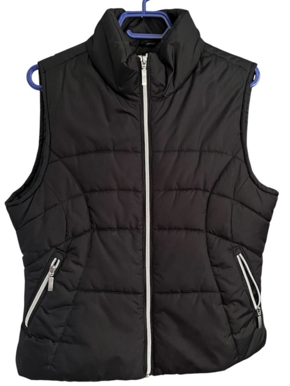 Black Women’s Puffer Vest with Silver Zippers